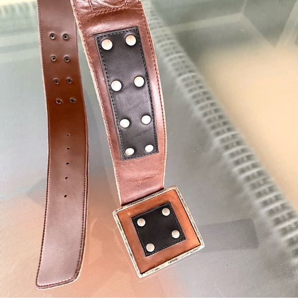 Vintage Brown & Black & Steel, Studded Belt ! Square Buckle ! A UNIQUE BELT ❤️ - Picture 4 of 16